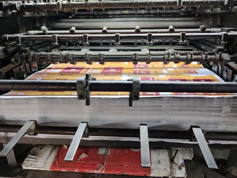 Close-up of an industrial printing machine processing paper sheets in a factory setting.